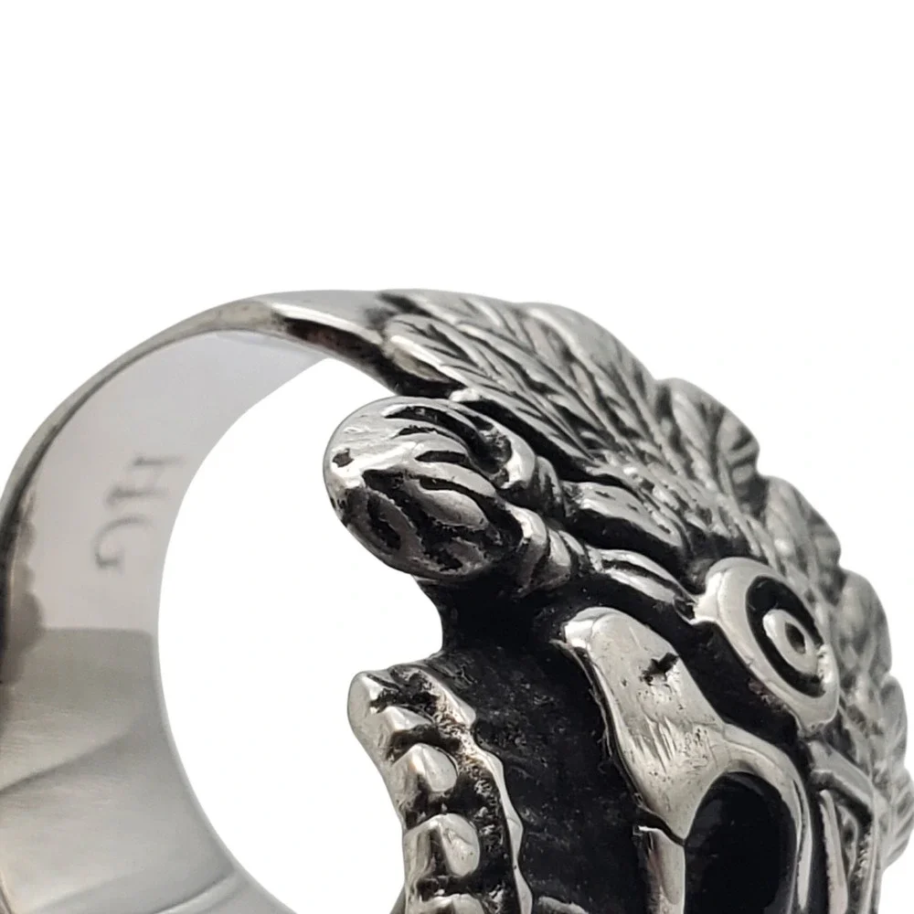 Skull Biker Ring Silver Tone Size 11 Headdress Feather Gothic Large Skeleton Vtg